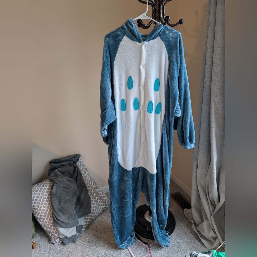 Blue and White Hooded Onesie with Button Closure